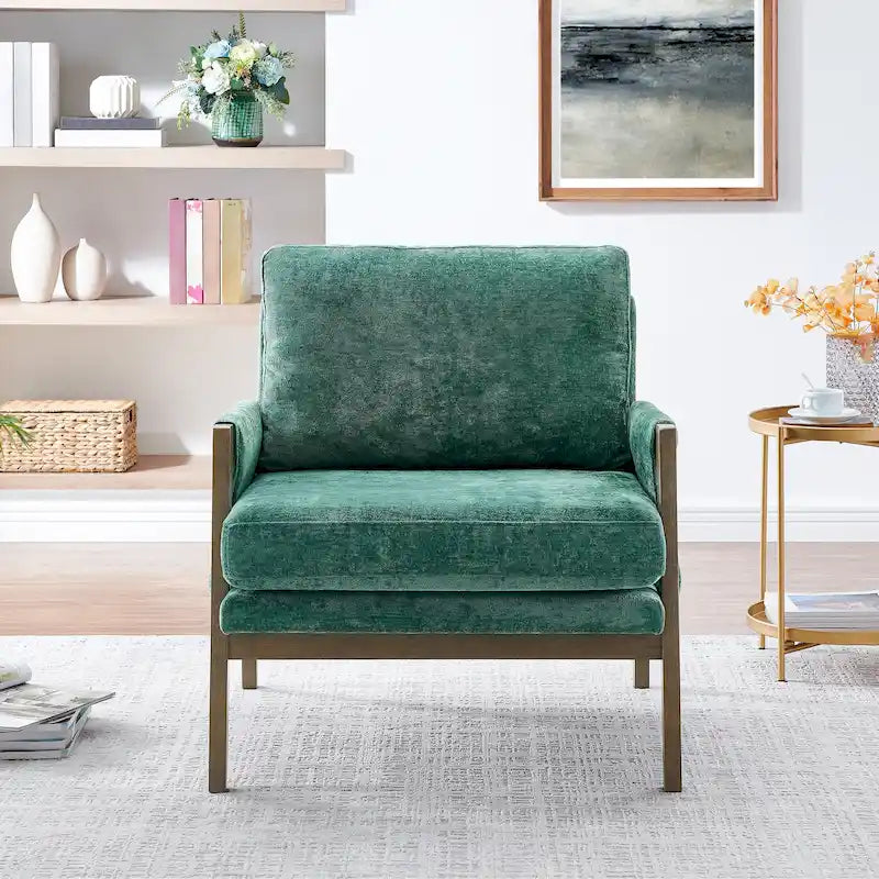 Green Velvet Accent Armchair with Rubberwood Frame and Padded Armrests