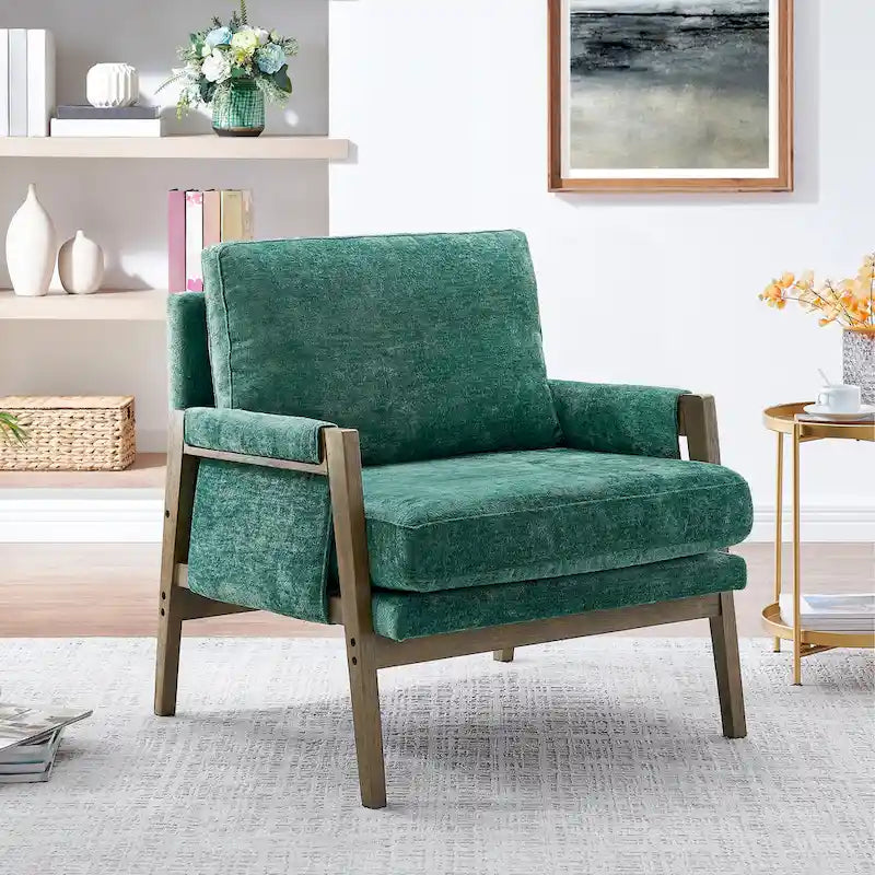 Green Velvet Accent Armchair with Rubberwood Frame and Padded Armrests