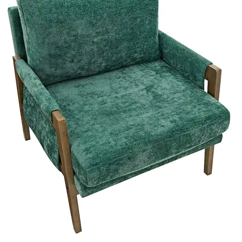 Green Velvet Accent Armchair with Rubberwood Frame and Padded Armrests