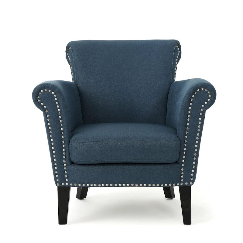 Navy Blue Fabric Club Chair with Nailhead Trim and Birch Wood Legs