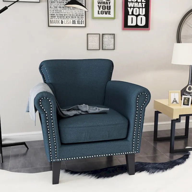 Navy Blue Fabric Club Chair with Nailhead Trim and Birch Wood Legs