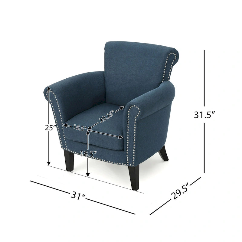 Navy Blue Fabric Club Chair with Nailhead Trim and Birch Wood Legs