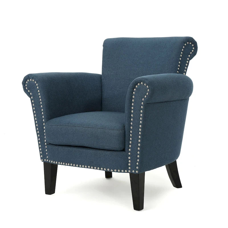 Navy Blue Fabric Club Chair with Nailhead Trim and Birch Wood Legs