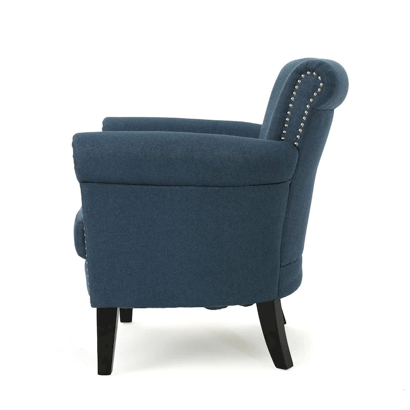 Navy Blue Fabric Club Chair with Nailhead Trim and Birch Wood Legs