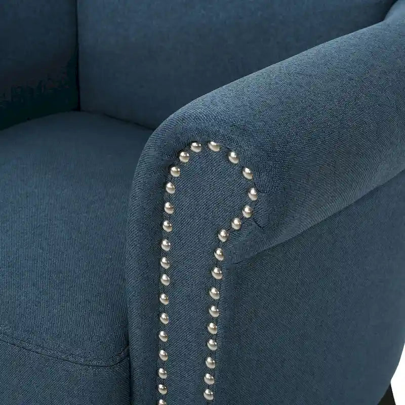 Navy Blue Fabric Club Chair with Nailhead Trim and Birch Wood Legs