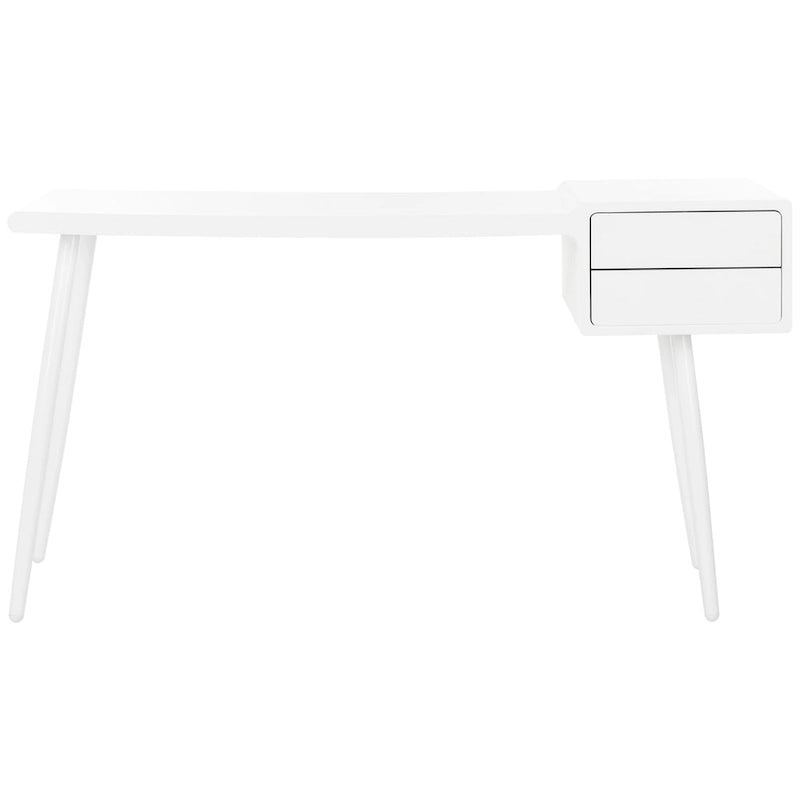 Matte White Two Drawer Mid-Century Writing Desk with Tapered Legs