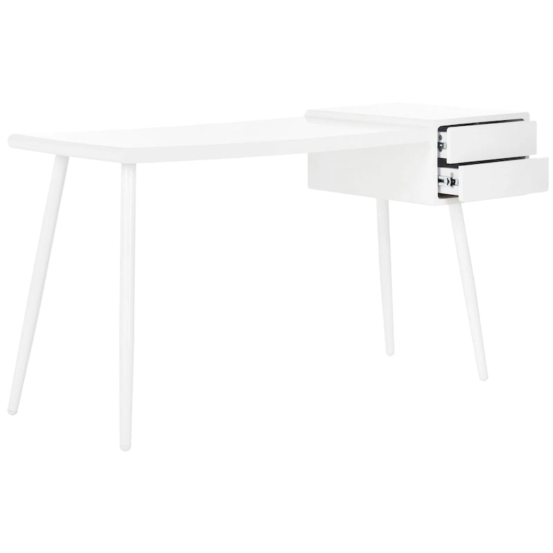 Matte White Two Drawer Mid-Century Writing Desk with Tapered Legs