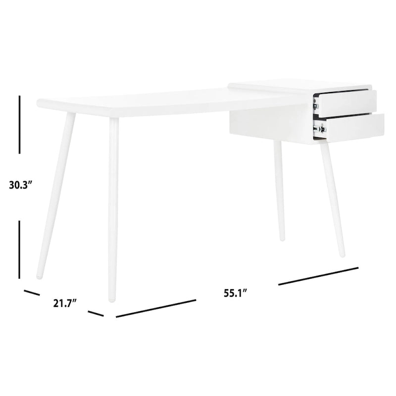 Matte White Two Drawer Mid-Century Writing Desk with Tapered Legs