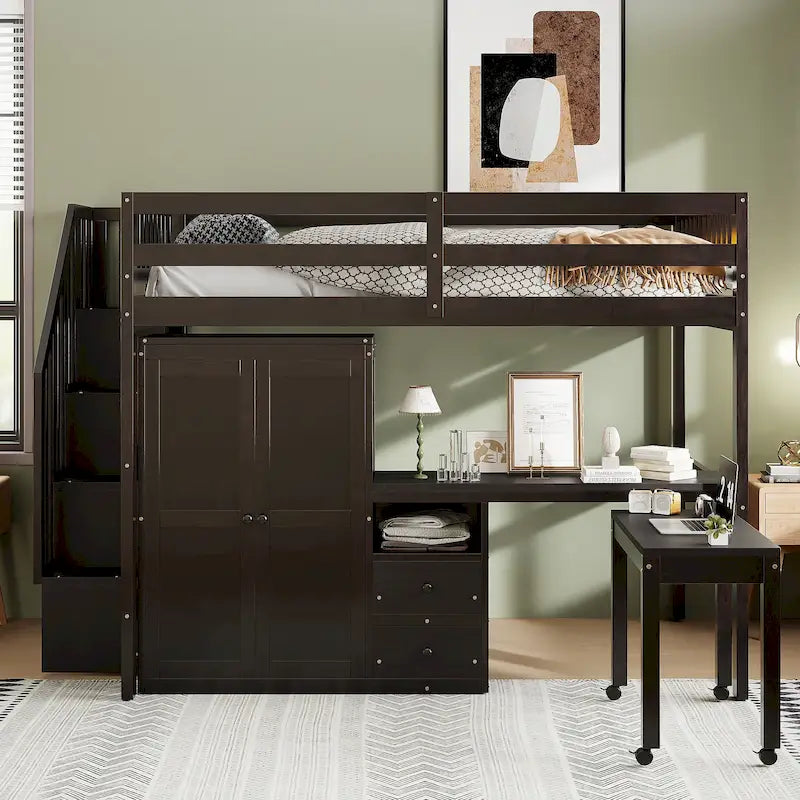 Solid Wood Loft Bed with Staircase Storage and Built-In Desk