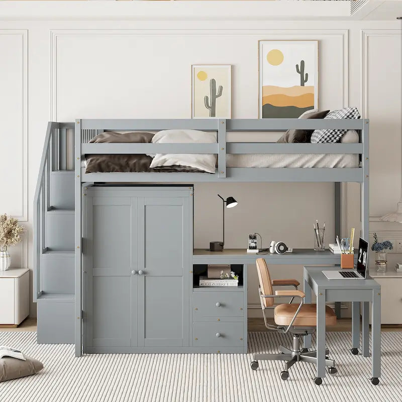 Solid Wood Loft Bed with Staircase Storage and Built-In Desk