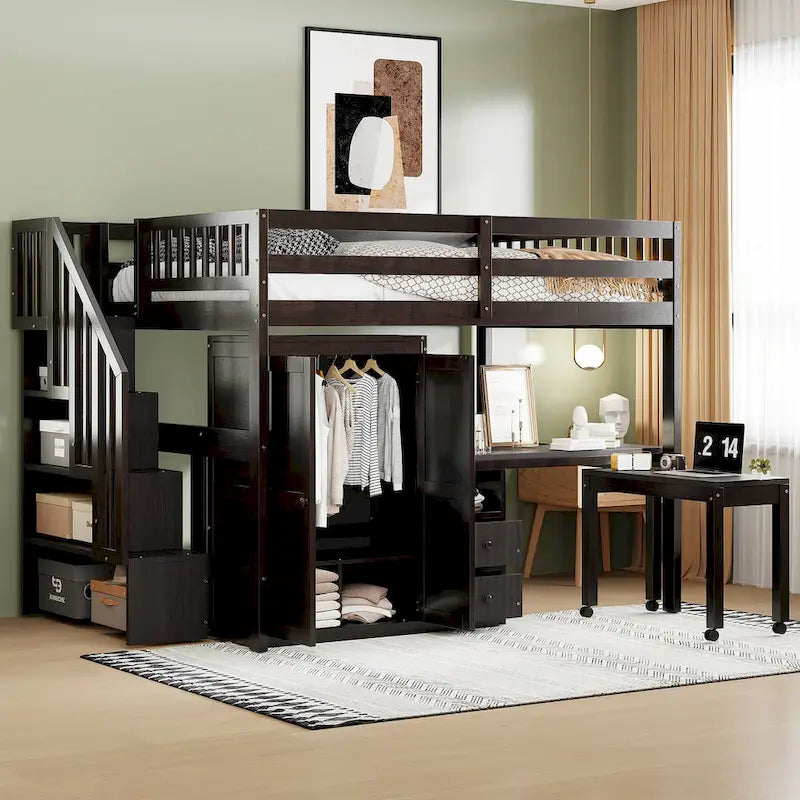 Solid Wood Loft Bed with Staircase Storage and Built-In Desk
