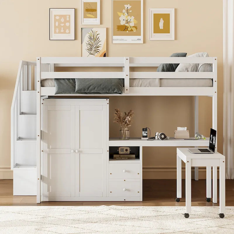 Solid Wood Loft Bed with Staircase Storage and Built-In Desk