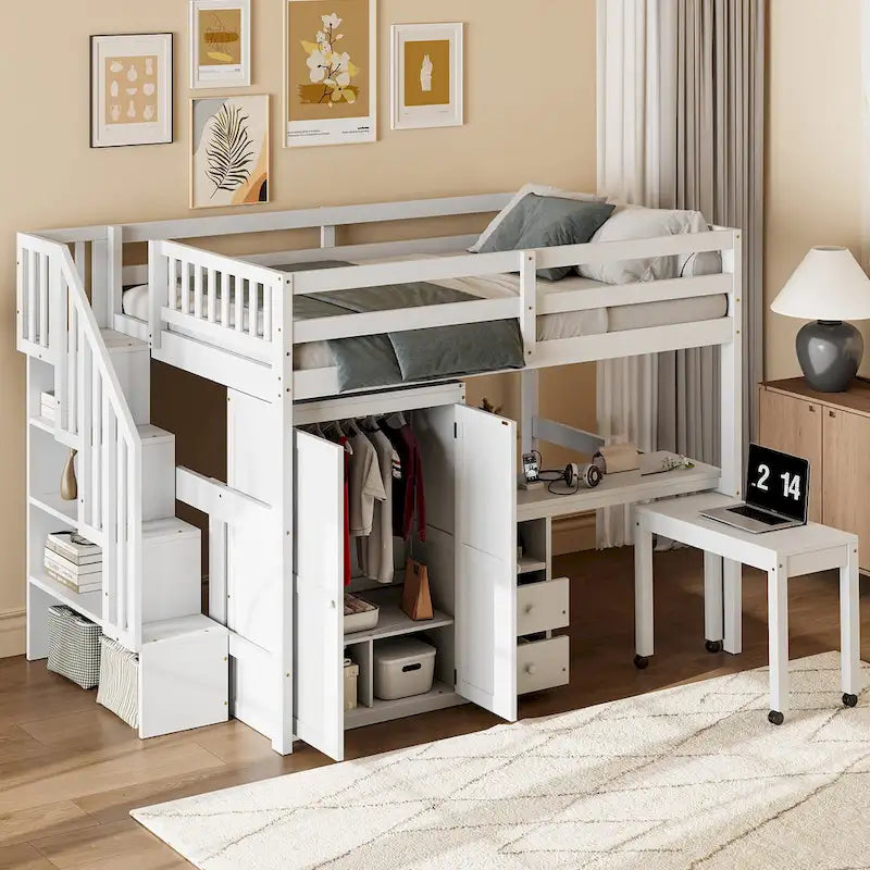 Solid Wood Loft Bed with Staircase Storage and Built-In Desk