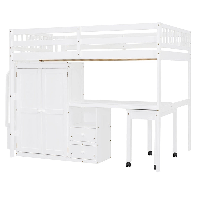Solid Wood Loft Bed with Staircase Storage and Built-In Desk