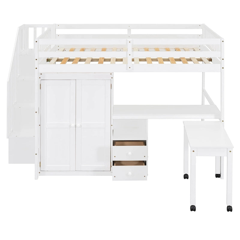 Solid Wood Loft Bed with Staircase Storage and Built-In Desk