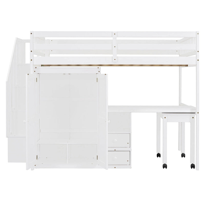 Solid Wood Loft Bed with Staircase Storage and Built-In Desk