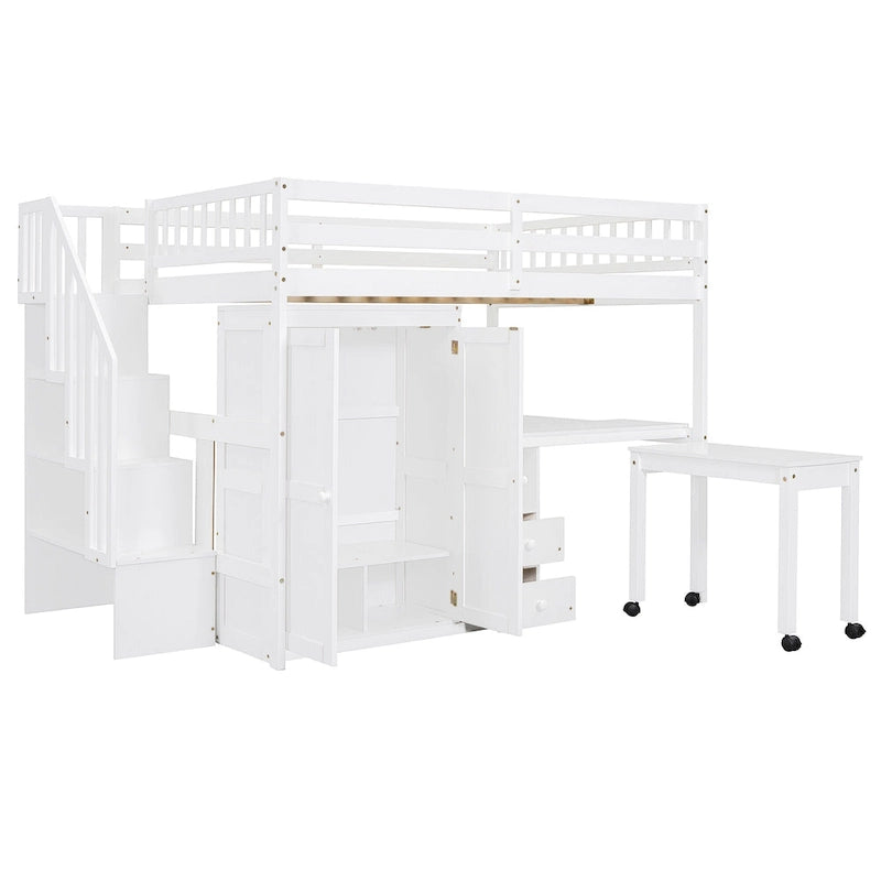 Solid Wood Loft Bed with Staircase Storage and Built-In Desk