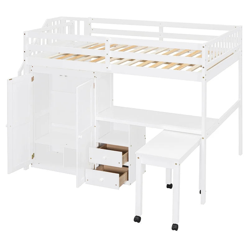 Solid Wood Loft Bed with Staircase Storage and Built-In Desk
