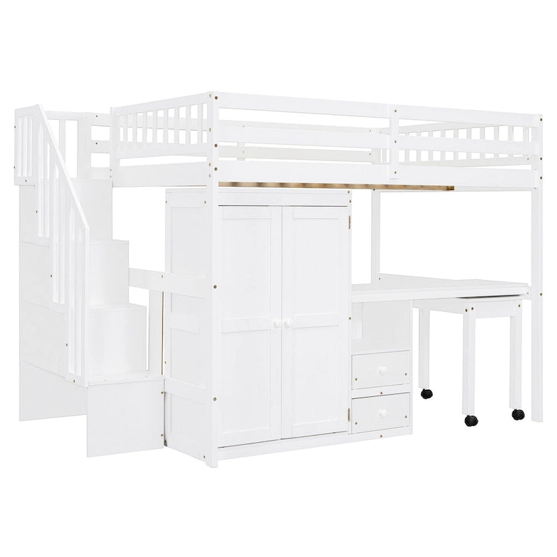 Solid Wood Loft Bed with Staircase Storage and Built-In Desk