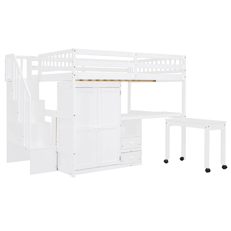 Solid Wood Loft Bed with Staircase Storage and Built-In Desk