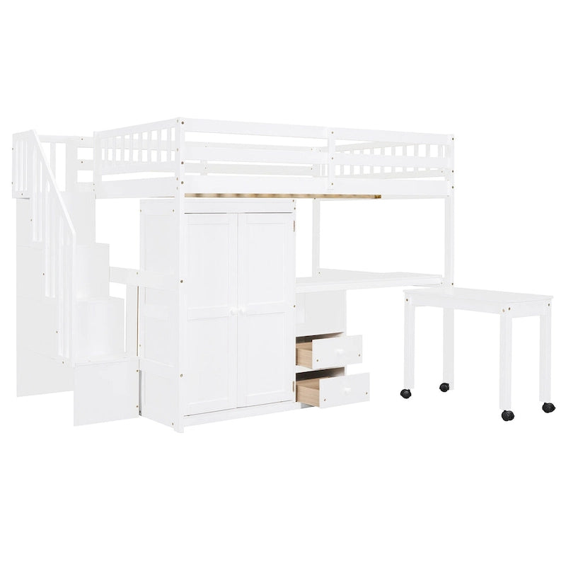 Solid Wood Loft Bed with Staircase Storage and Built-In Desk