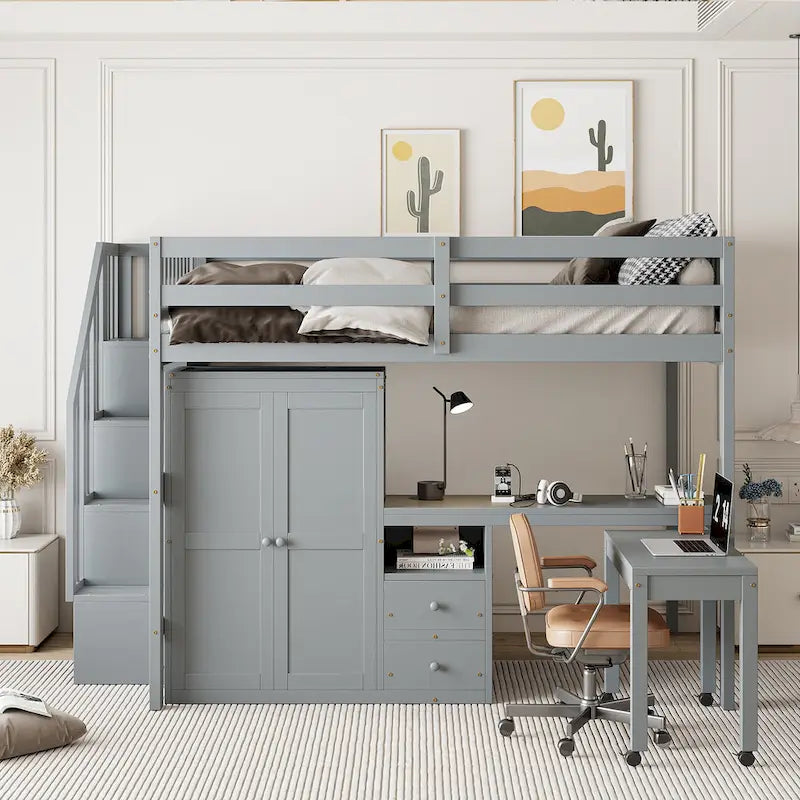 Solid Wood Loft Bed with Staircase Storage and Built-In Desk