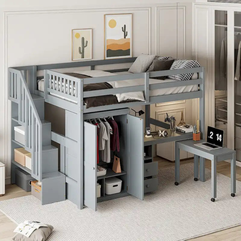 Solid Wood Loft Bed with Staircase Storage and Built-In Desk