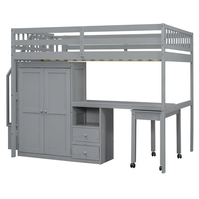 Solid Wood Loft Bed with Staircase Storage and Built-In Desk