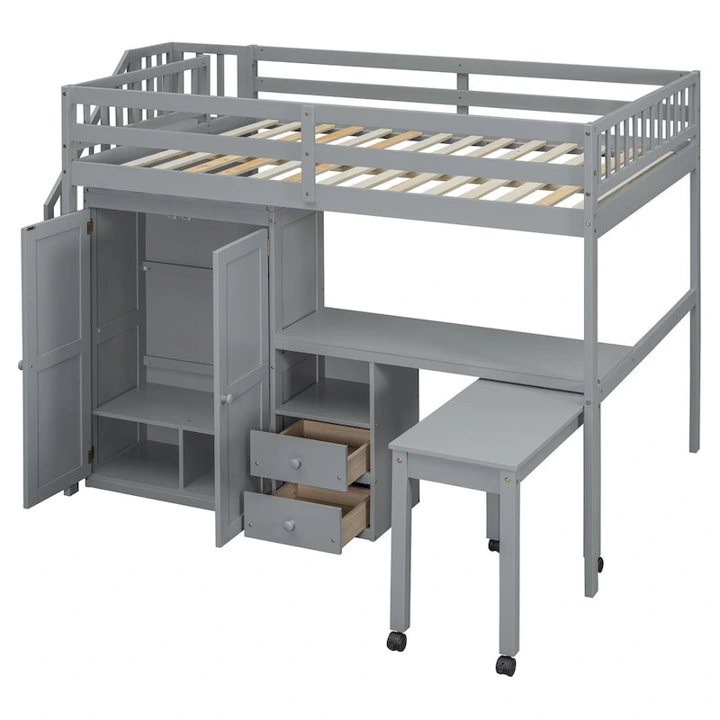 Solid Wood Loft Bed with Staircase Storage and Built-In Desk