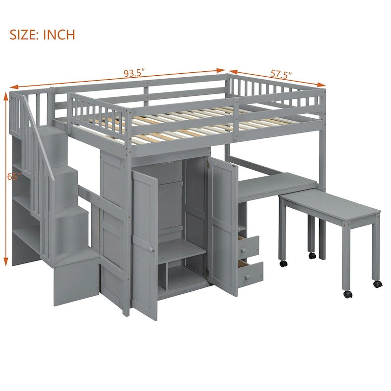 Solid Wood Loft Bed with Staircase Storage and Built-In Desk