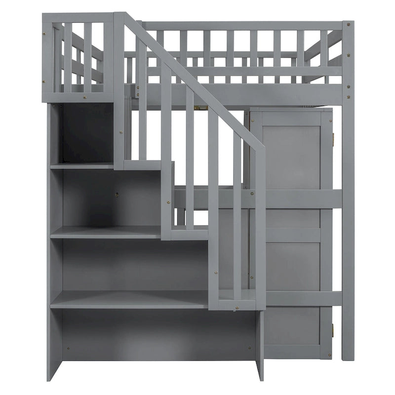 Solid Wood Loft Bed with Staircase Storage and Built-In Desk