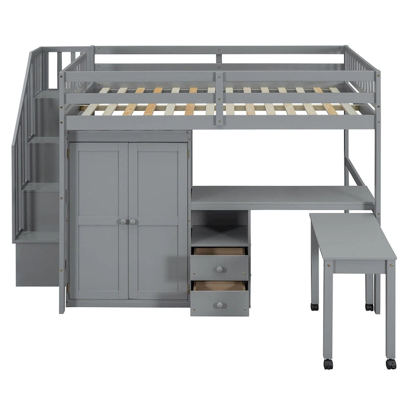 Solid Wood Loft Bed with Staircase Storage and Built-In Desk