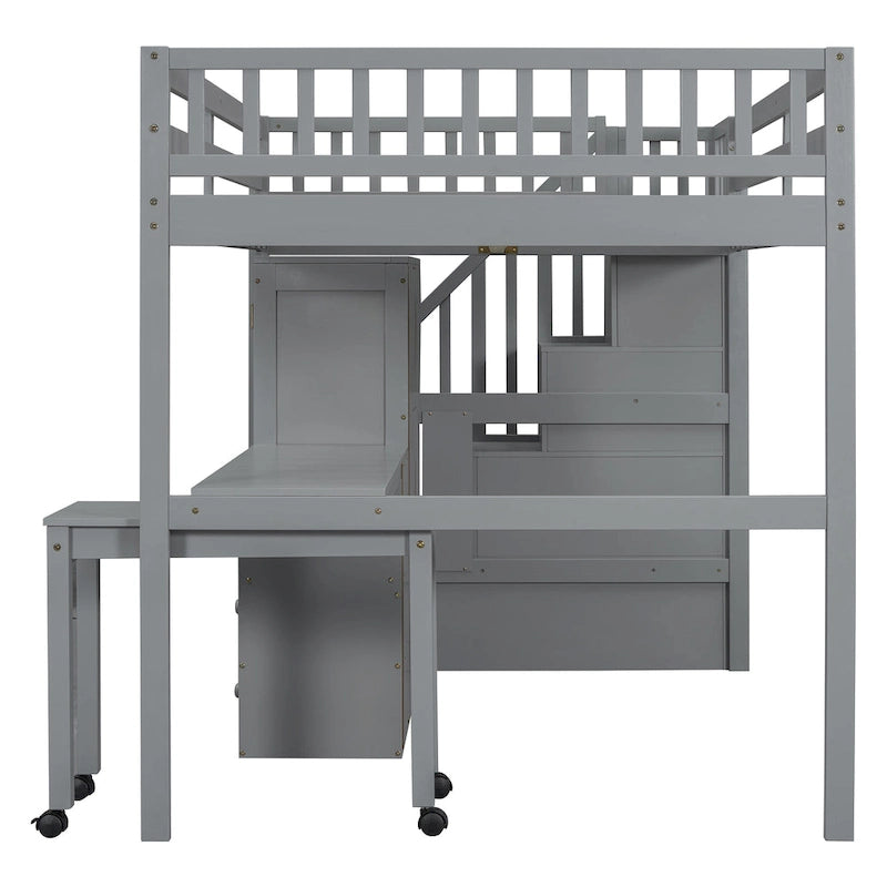 Solid Wood Loft Bed with Staircase Storage and Built-In Desk