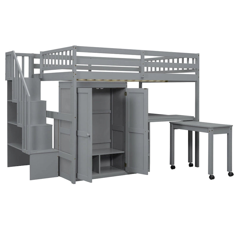 Solid Wood Loft Bed with Staircase Storage and Built-In Desk