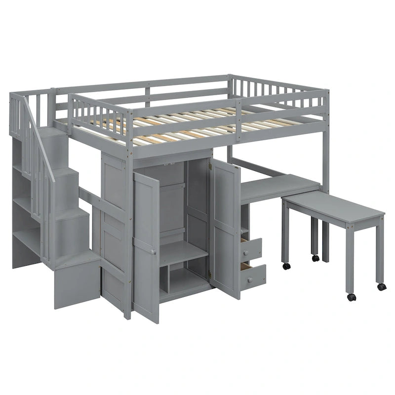 Solid Wood Loft Bed with Staircase Storage and Built-In Desk