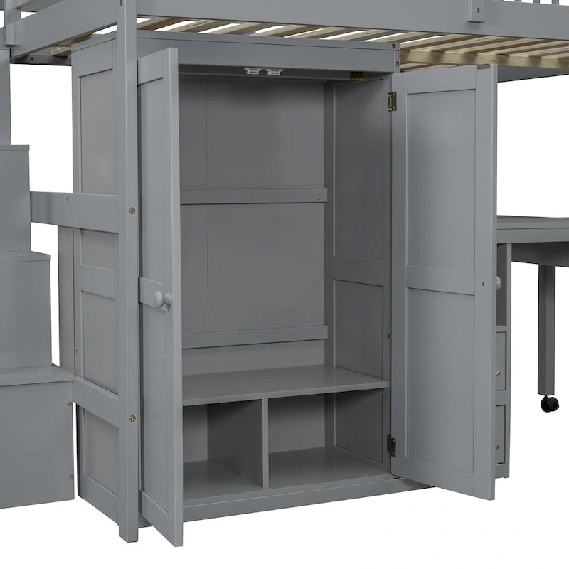 Solid Wood Loft Bed with Staircase Storage and Built-In Desk