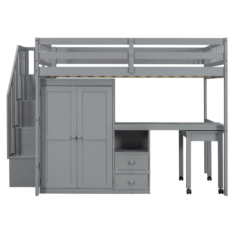 Solid Wood Loft Bed with Staircase Storage and Built-In Desk