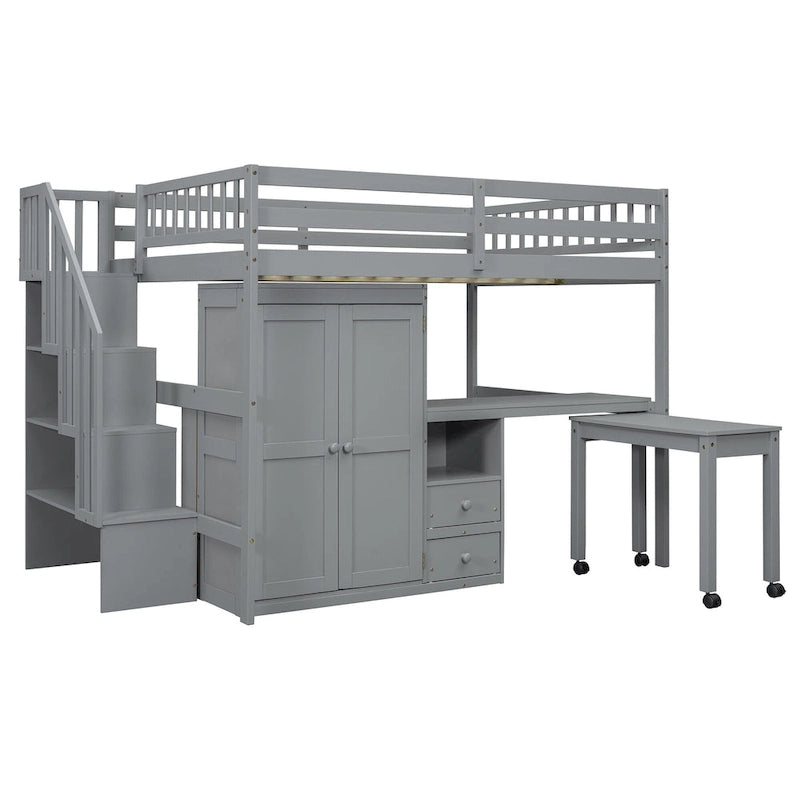 Solid Wood Loft Bed with Staircase Storage and Built-In Desk