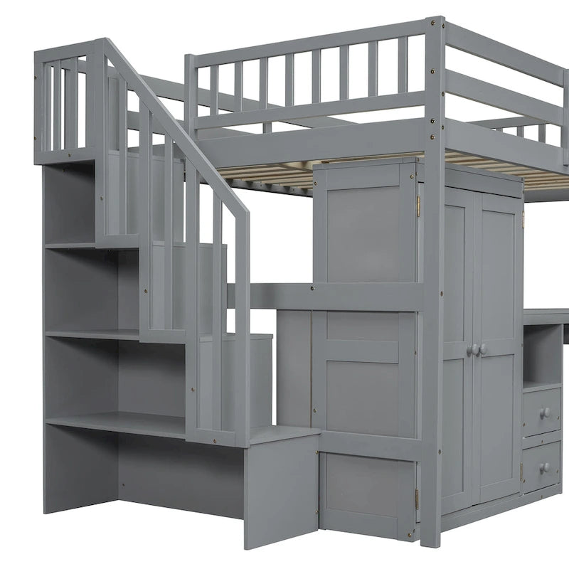 Solid Wood Loft Bed with Staircase Storage and Built-In Desk