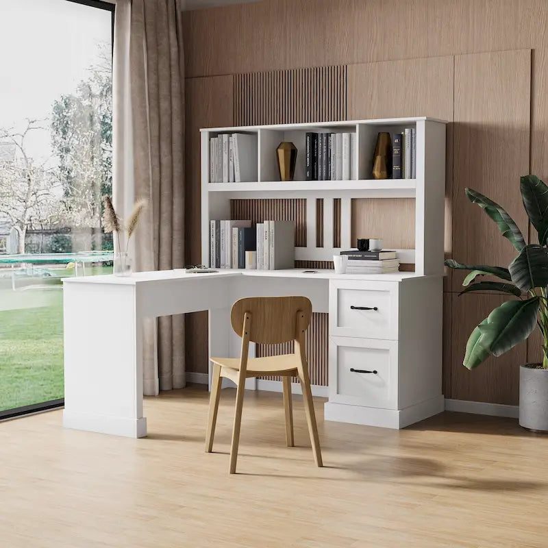 White Home Office Computer Desk with Hutch Bookshelf and Two Drawers