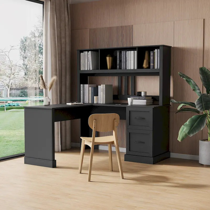 White Home Office Computer Desk with Hutch Bookshelf and Two Drawers