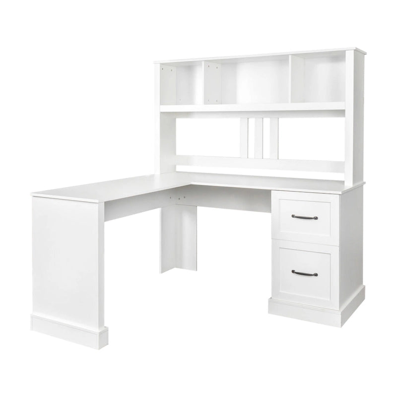 White Home Office Computer Desk with Hutch Bookshelf and Two Drawers