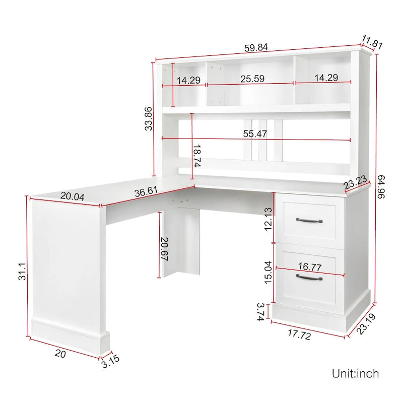 White Home Office Computer Desk with Hutch Bookshelf and Two Drawers
