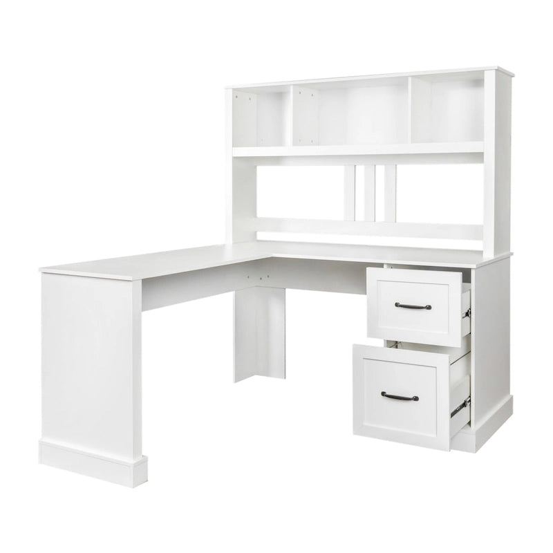 White Home Office Computer Desk with Hutch Bookshelf and Two Drawers