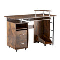 Rustic Brown Curved Computer Desk with Keyboard Tray Drawers and Monitor Shelf