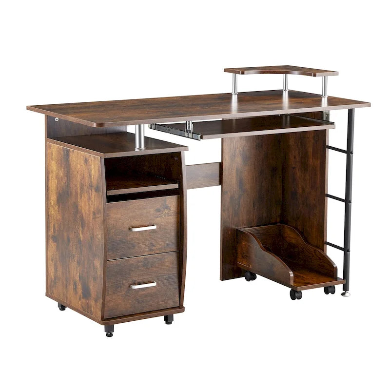 Rustic Brown Curved Computer Desk with Keyboard Tray Drawers and Monitor Shelf