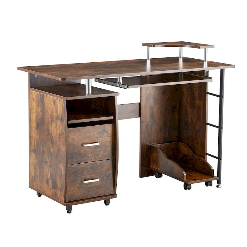 Traditional Curved Computer Desk with Keyboard Tray and Storage Shelves and Device Drawer for Small Home Office or Study Room