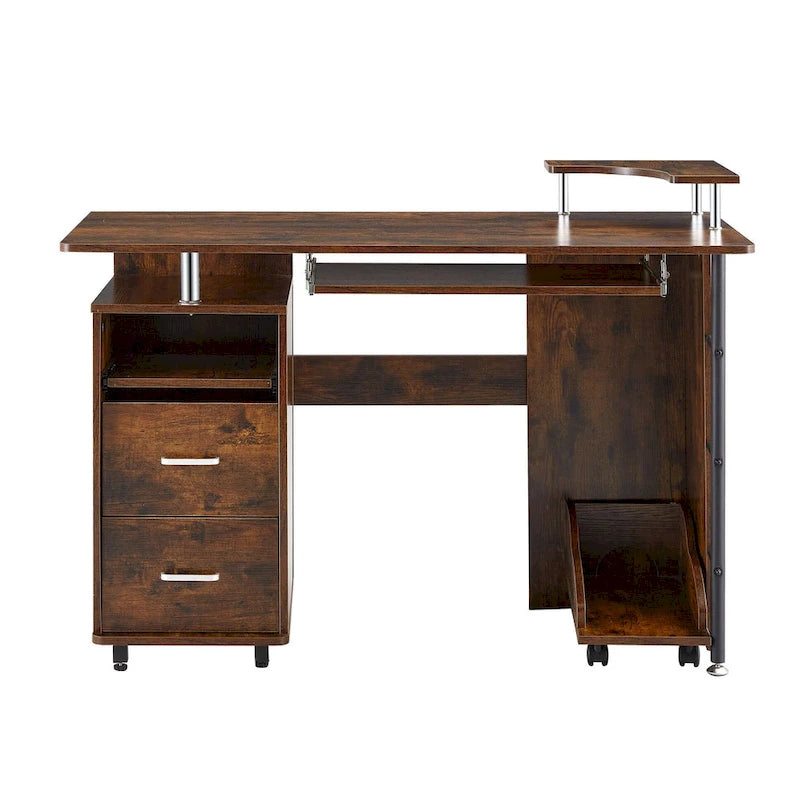 Rustic Brown Curved Computer Desk with Keyboard Tray Drawers and Monitor Shelf