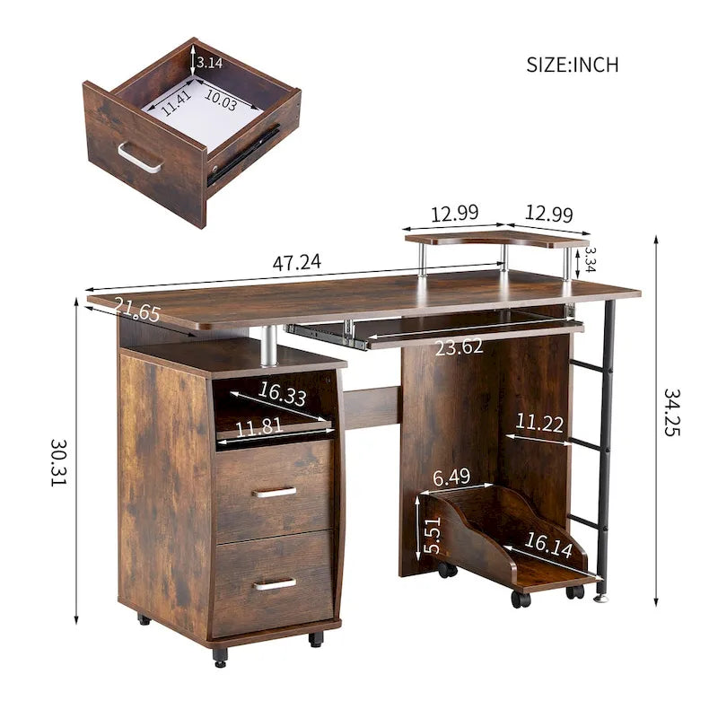 Rustic Brown Curved Computer Desk with Keyboard Tray Drawers and Monitor Shelf