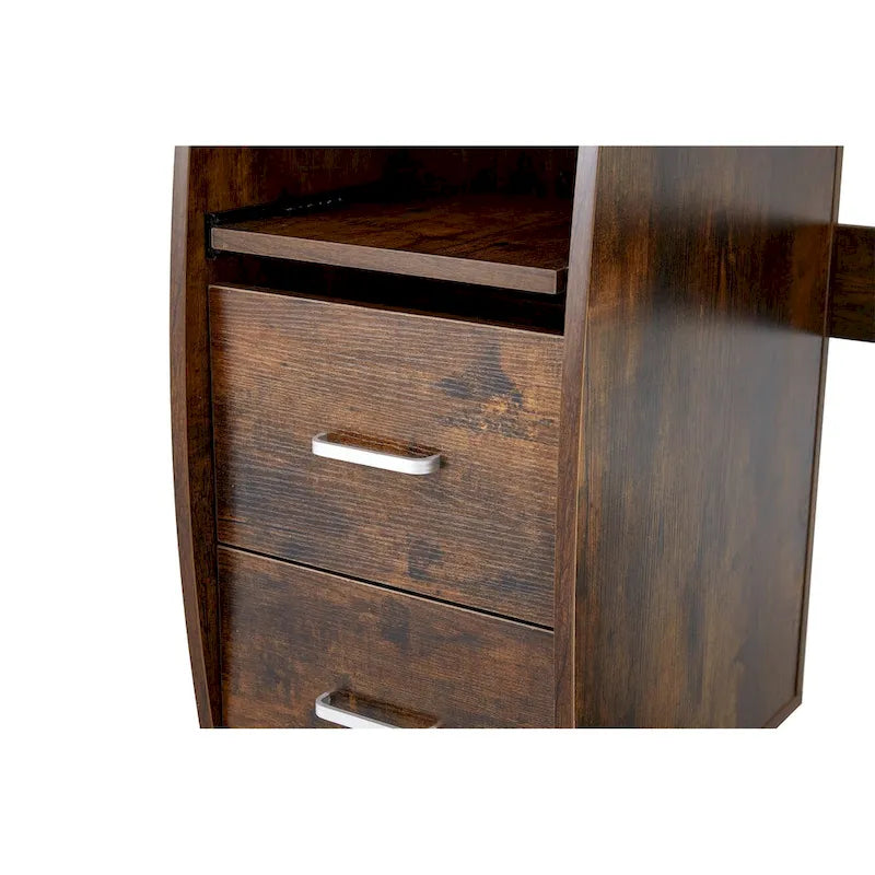 Rustic Brown Curved Computer Desk with Keyboard Tray Drawers and Monitor Shelf